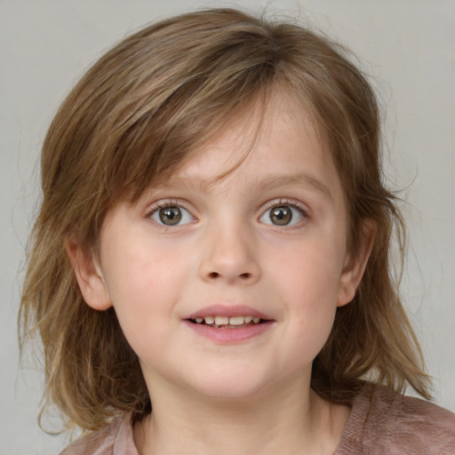 Joyful white child female with medium  brown hair and blue eyes