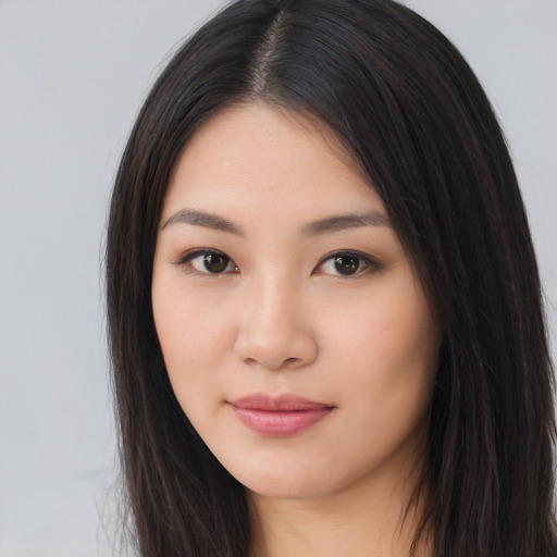 Neutral asian young-adult female with long  brown hair and brown eyes