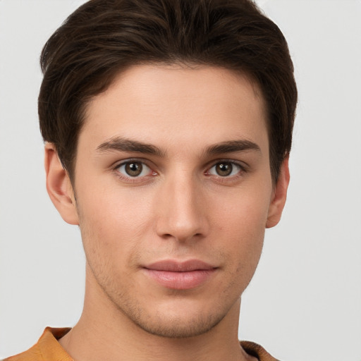 Neutral white young-adult male with short  brown hair and brown eyes