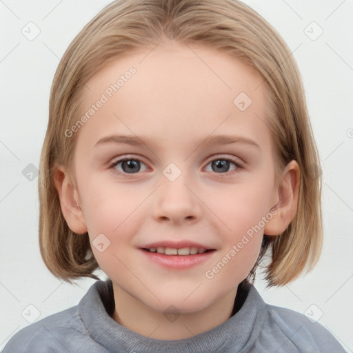 Joyful white child female with medium  brown hair and blue eyes