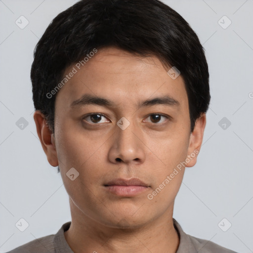 Neutral asian young-adult male with short  brown hair and brown eyes