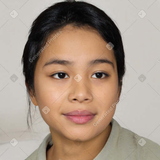 Joyful asian young-adult female with medium  black hair and brown eyes