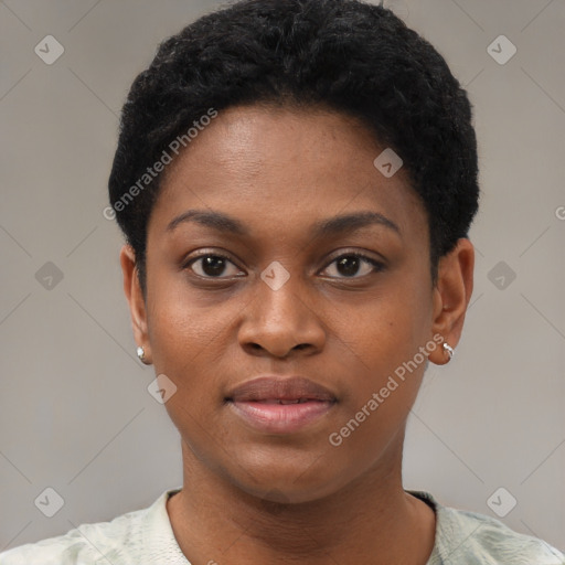 Neutral black young-adult female with short  black hair and brown eyes