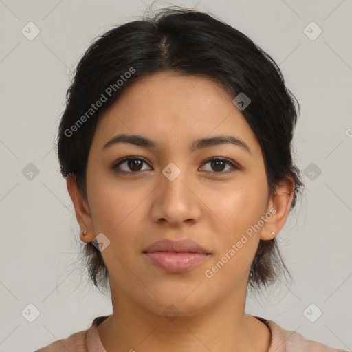 Neutral latino young-adult female with medium  brown hair and brown eyes