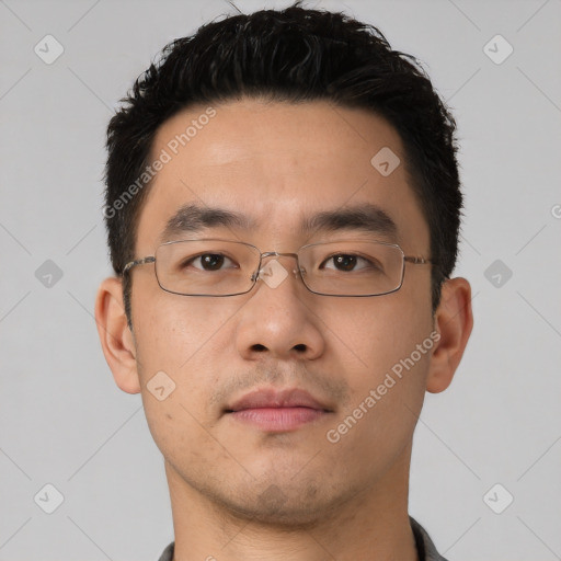 Neutral asian young-adult male with short  black hair and brown eyes