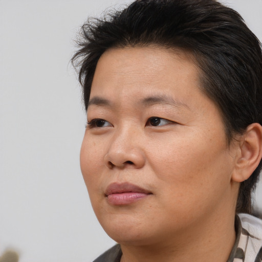 Joyful asian young-adult female with short  brown hair and brown eyes