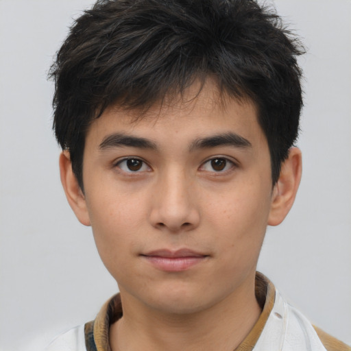Neutral asian young-adult male with short  brown hair and brown eyes