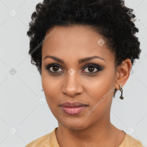 Joyful latino young-adult female with short  brown hair and brown eyes