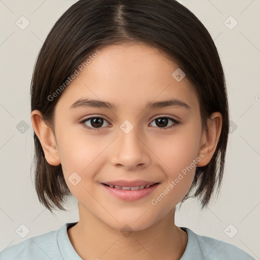 Joyful white child female with medium  brown hair and brown eyes