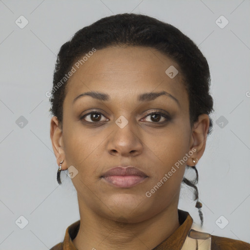 Neutral black young-adult female with short  brown hair and brown eyes