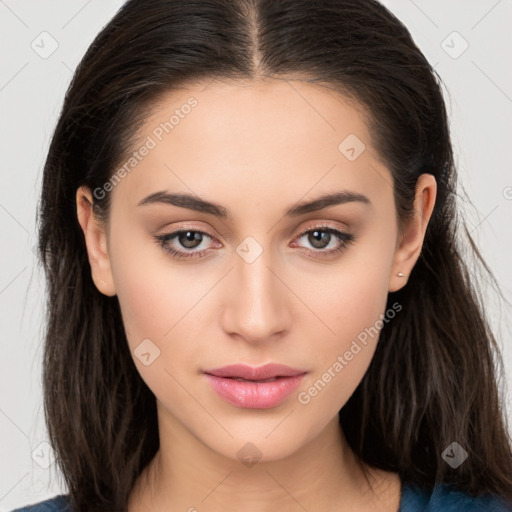 Neutral white young-adult female with long  brown hair and brown eyes