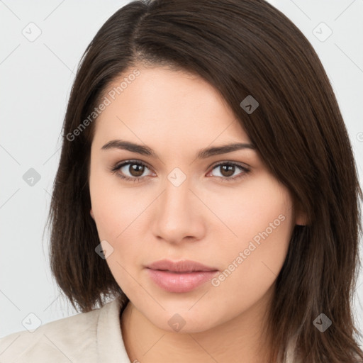 Neutral white young-adult female with long  brown hair and brown eyes