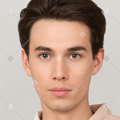 Neutral white young-adult male with short  brown hair and brown eyes