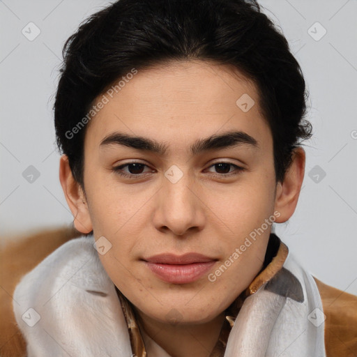 Joyful latino young-adult female with short  brown hair and brown eyes