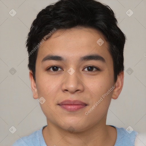 Joyful asian young-adult male with short  black hair and brown eyes