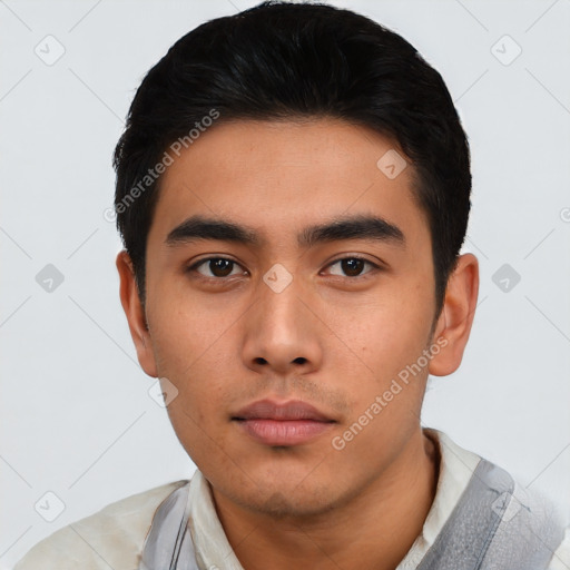 Neutral asian young-adult male with short  black hair and brown eyes