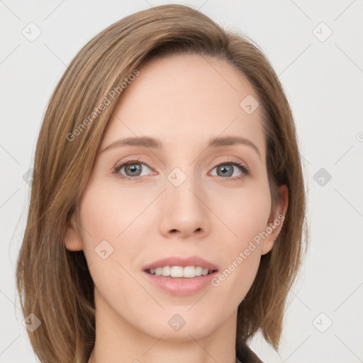 Joyful white young-adult female with long  brown hair and green eyes