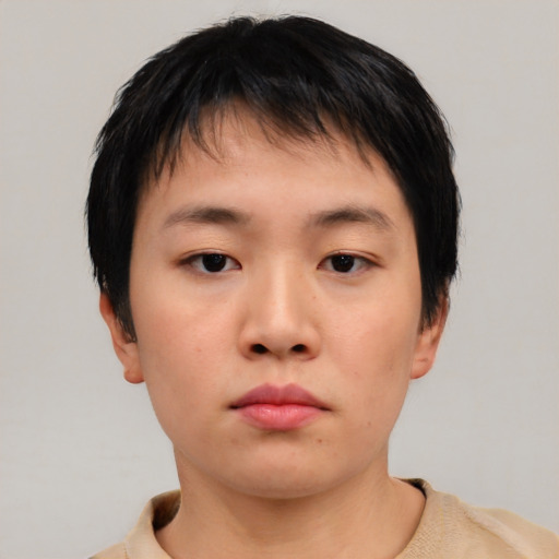 Neutral asian young-adult female with short  brown hair and brown eyes