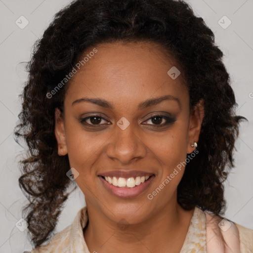 Joyful black young-adult female with medium  brown hair and brown eyes