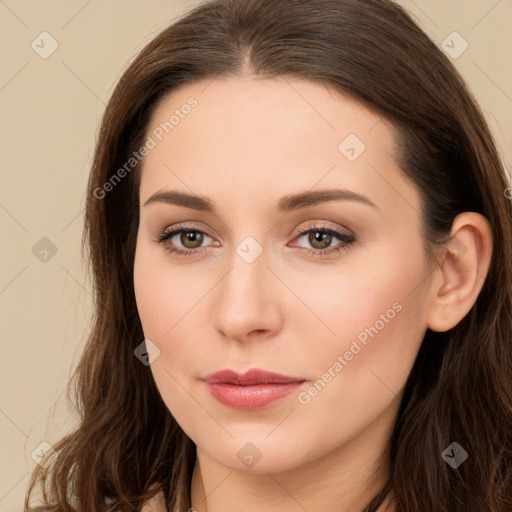 Neutral white young-adult female with long  brown hair and brown eyes