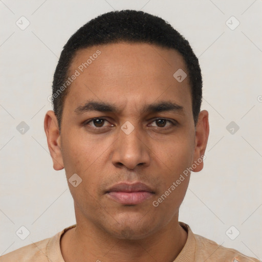 Neutral latino young-adult male with short  black hair and brown eyes