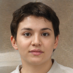 Neutral white young-adult female with short  brown hair and brown eyes