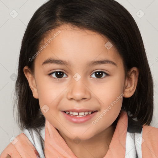 Joyful white child female with medium  brown hair and brown eyes