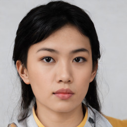 Neutral asian young-adult female with medium  black hair and brown eyes