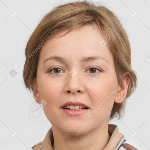 Joyful white young-adult female with medium  brown hair and grey eyes