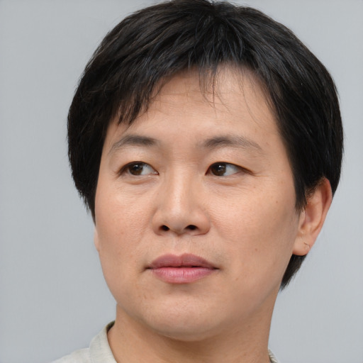 Joyful asian adult male with short  brown hair and brown eyes