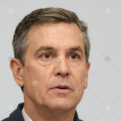 Neutral white middle-aged male with short  brown hair and brown eyes