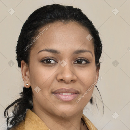 Joyful black young-adult female with medium  brown hair and brown eyes