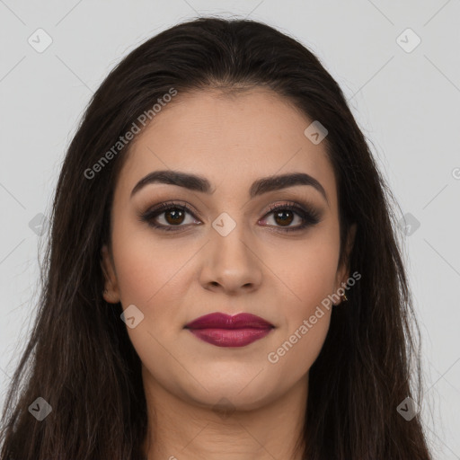 Joyful white young-adult female with long  brown hair and brown eyes