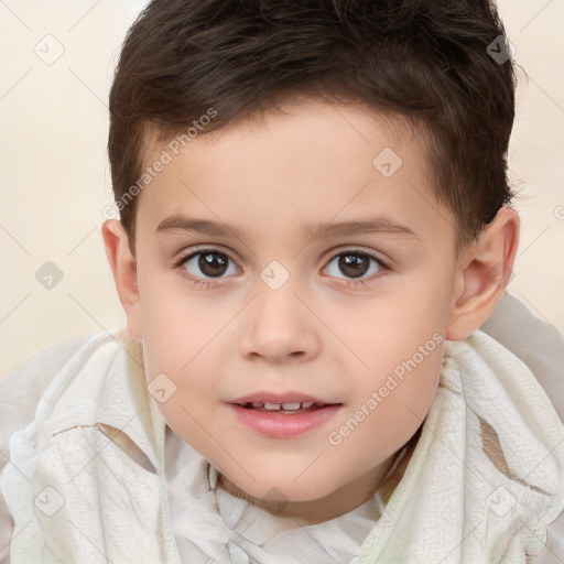 Joyful white child male with short  brown hair and brown eyes