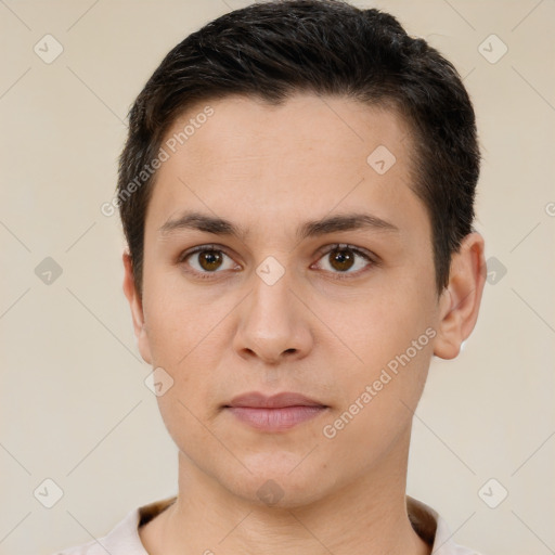 Neutral white young-adult male with short  brown hair and brown eyes