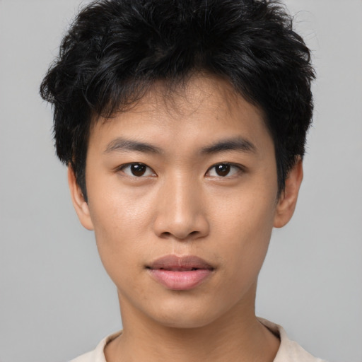 Neutral asian young-adult male with short  black hair and brown eyes