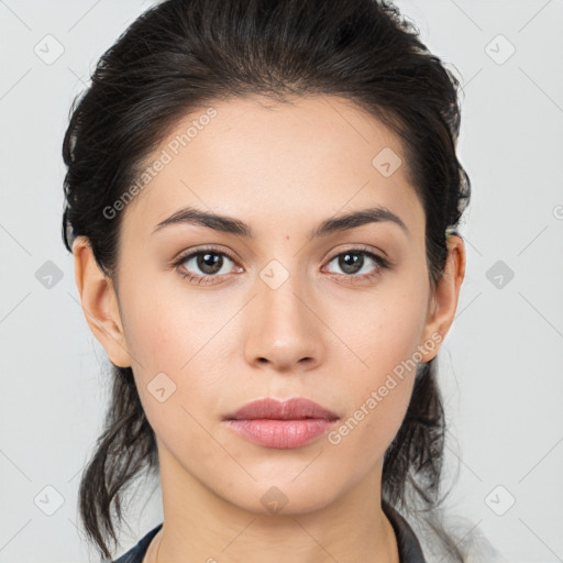 Neutral white young-adult female with medium  brown hair and brown eyes