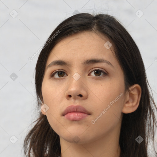 Neutral white young-adult female with long  brown hair and brown eyes