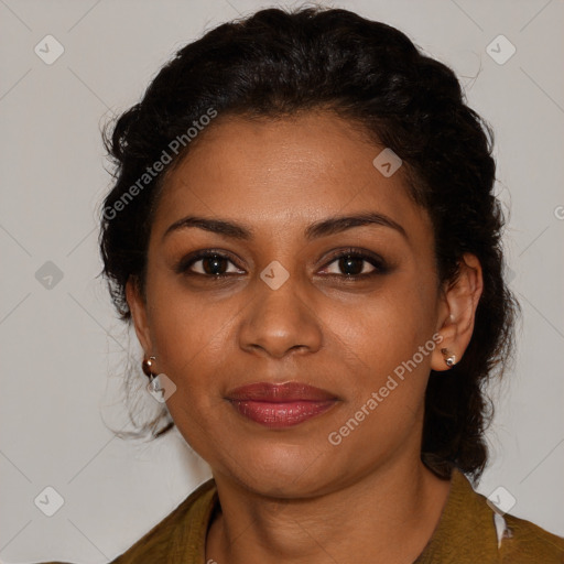 Joyful black young-adult female with medium  brown hair and brown eyes