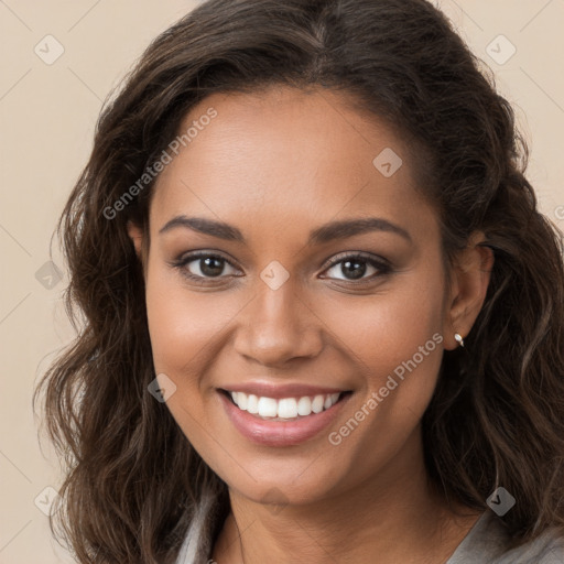 Joyful white young-adult female with long  brown hair and brown eyes