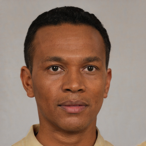 Neutral black young-adult male with short  black hair and brown eyes