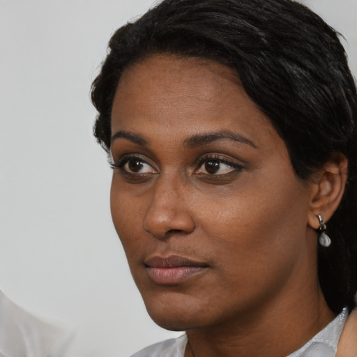Neutral black young-adult female with short  black hair and brown eyes