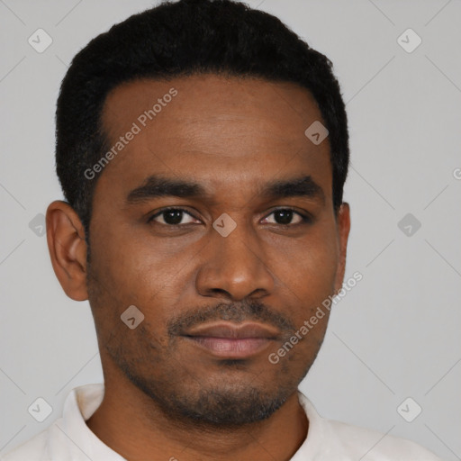 Neutral black young-adult male with short  black hair and brown eyes