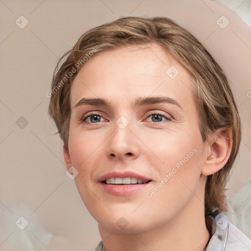 Joyful white young-adult female with medium  brown hair and grey eyes