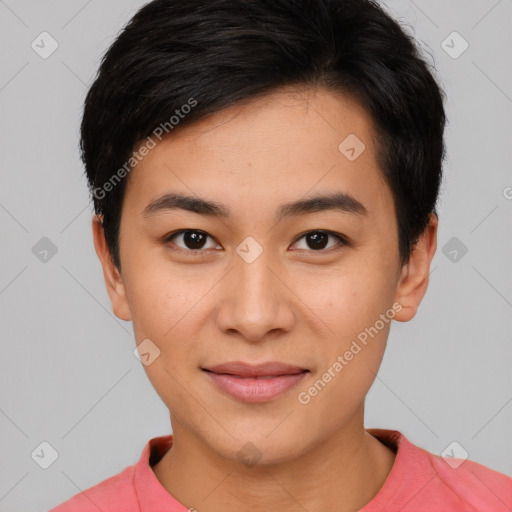 Joyful asian young-adult female with short  brown hair and brown eyes