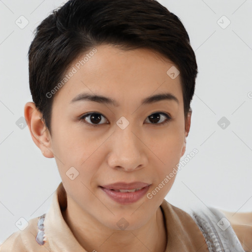 Joyful asian young-adult female with short  brown hair and brown eyes