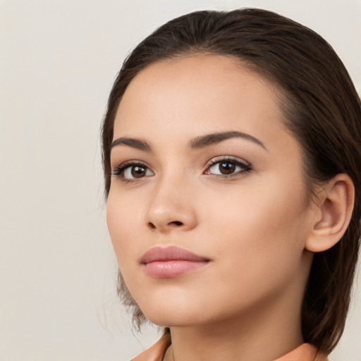 Neutral white young-adult female with long  brown hair and brown eyes