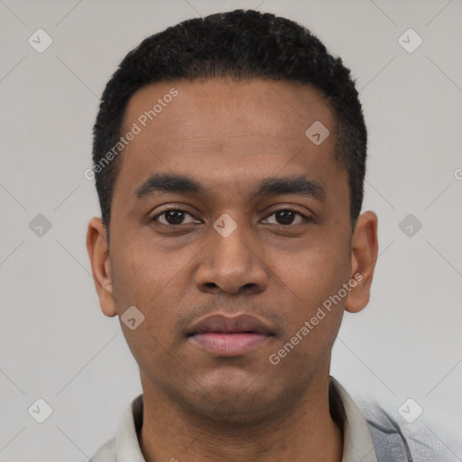 Neutral latino young-adult male with short  black hair and brown eyes