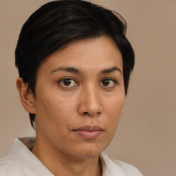 Neutral asian young-adult female with short  brown hair and brown eyes