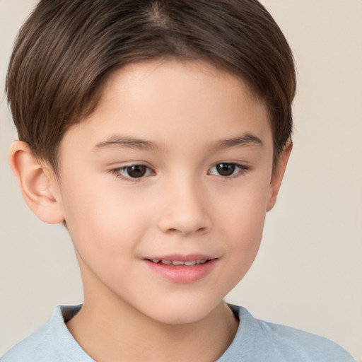 Joyful white child female with short  brown hair and brown eyes